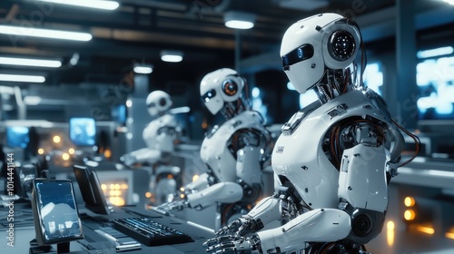 A futuristic robotics lab with engineers working on advanced humanoid robots, showcasing cutting-edge technology in a high-tech environment