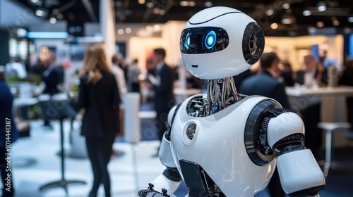 A high-tech conference on robotics and AI, with experts discussing innovations in technology and its impact on economics