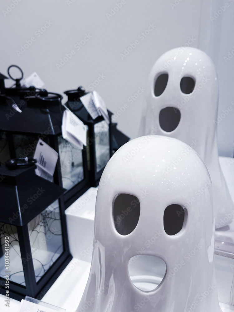 Halloween ghost decoration in shop window, halloween concept. Halloween ghost decoration in shop window, halloween concept.