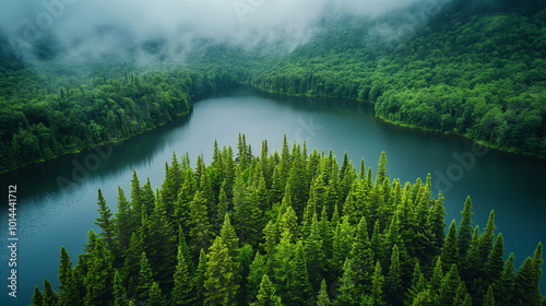 Aerial view of a lush green boreal forest surrounding a tranquil lake in morning mist. Generative AI