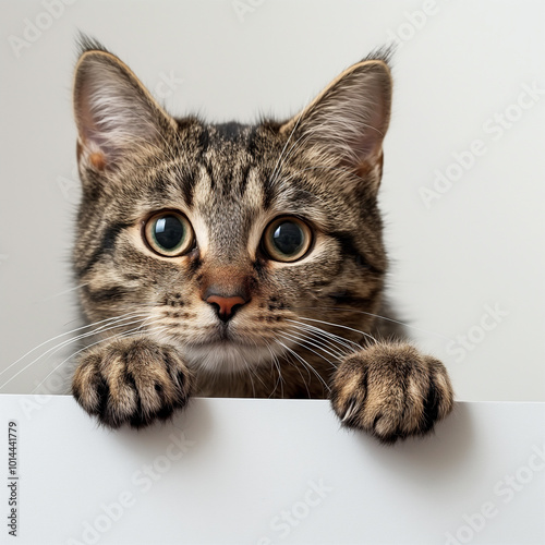 Tabby Kitten Peeking Over White Sign. Generative AI