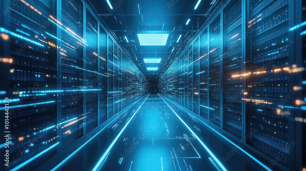 A sleek data center with rows of servers and blinking lights, illustrating the backbone of modern computer and information technology