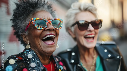 With bejeweled glasses and jazzy attire, these two vibrant women express joy and friendship, exuding personality against an urban backdrop, laughing freely.