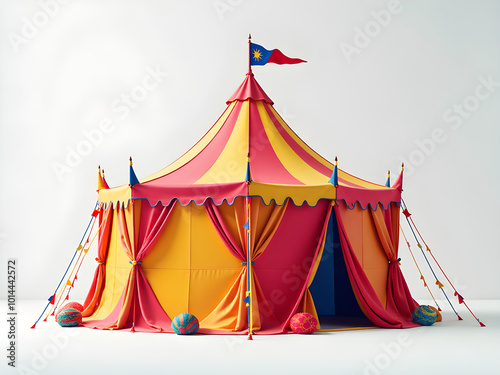 Vibrant Circus Tent Image with Striking Yellow and Pink Color Scheme, Tall Pointed Spire, Blue Flag and Golden Sunburst Design, Ornate Fabric Drapes for Whimsical and Inviting Atmosphere