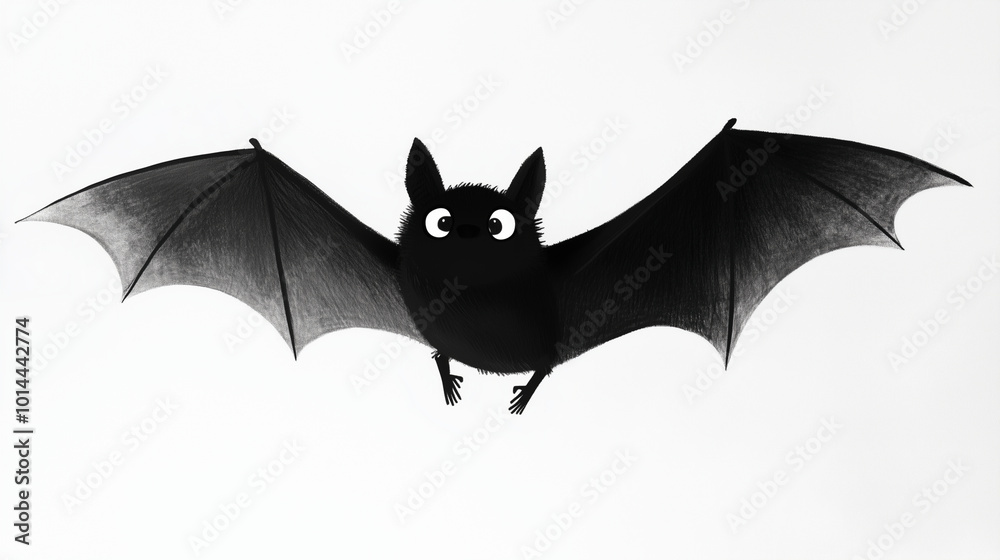 A black bat with exaggerated wings, flying, American cartoon style