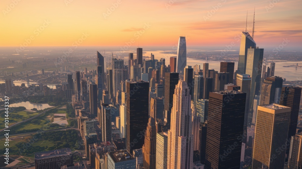 Fototapeta premium An aerial view of the skyscrapers in the heart of the business district as the sun sets behind them in Shenzhen, China.