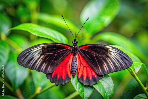 black and red Pachliopta Kotzebuea butterfly sitting on vibrant green leaves photo