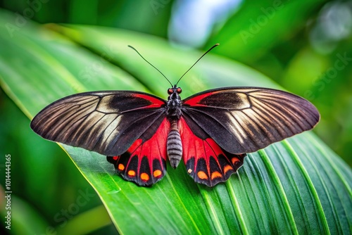 Black and red Pachliopta Kotzebuea butterfly on green leaves with leading lines photo