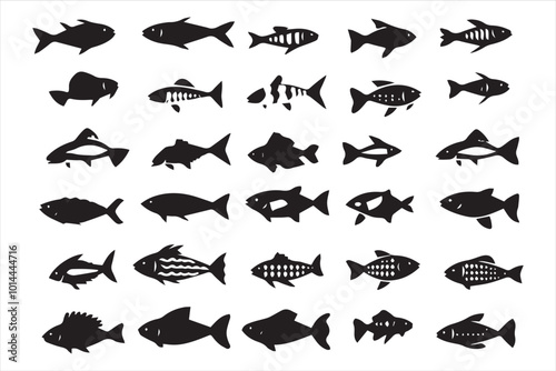 Swimming fish in black and white silhouette collection set