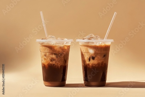 two plastic cup mockup of cold coffee with ice cubes and straw on aesthetic beige background 