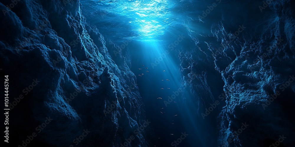 Obraz premium Sunbeams illuminate a dark underwater crevice, illuminating the rocky walls and a school of small fish.