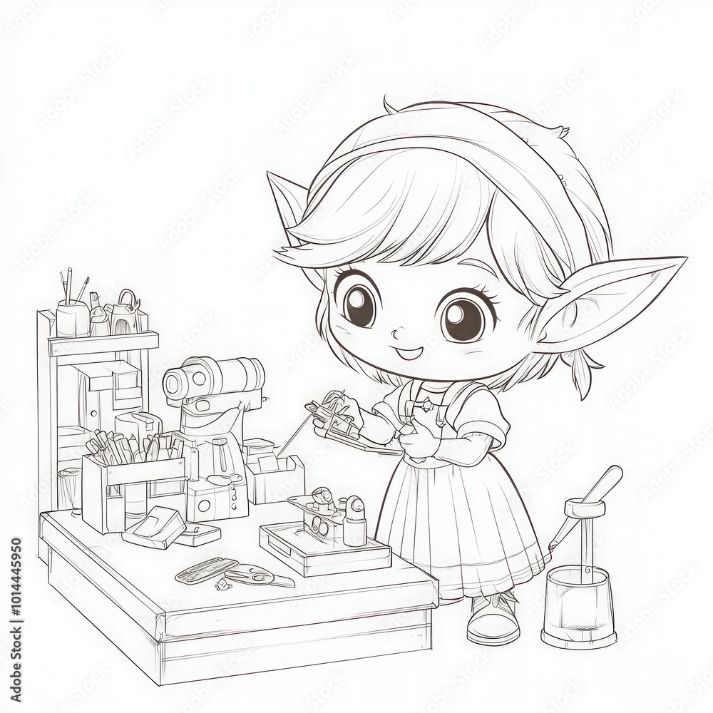 A magical elf making toys in a workshop, coloring page for kids, simple outline illustration. Coloring book, simple lines. A magical elf making toys in a workshop, coloring page for kids, simple outline illustration. Coloring book, simple lines.
