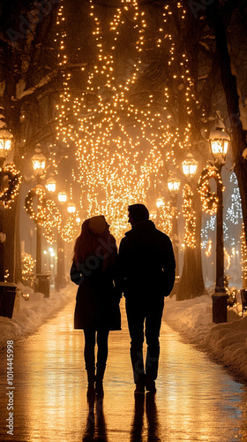 A heartwarming scene of a couple sharing a cozy moment under a blanket of snow, with Christmas lights twinkling in the background, ideal for a romantic smartphone wallpaper