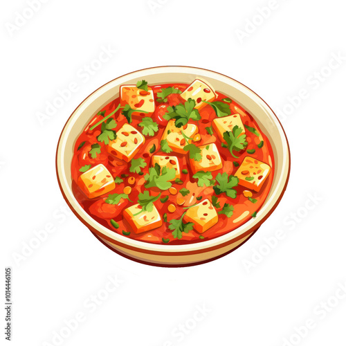 A bowl of Paneer tikka masala curry with cilantro cream sauce is perfect for Indian food menus and culinary blogs showcasing vegetarian dishes. Generative AI