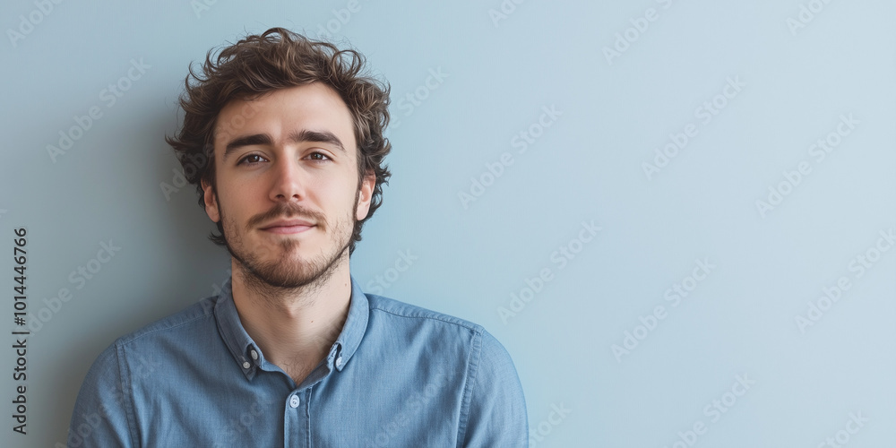 Obraz premium Confident Young Man with Curly Hair Against a Soft Blue Background