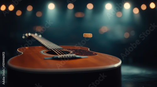 Close-up of an acoustic guitar and a suspended pick against a dark, moody background, illuminated by stage lights casting over its polished wooden surface. photo