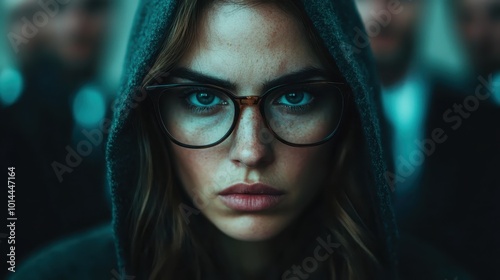 A focused woman wearing glasses and a hoodie, surrounded by blurred figures, embodies mystery and strength in a modern, artistic style. photo