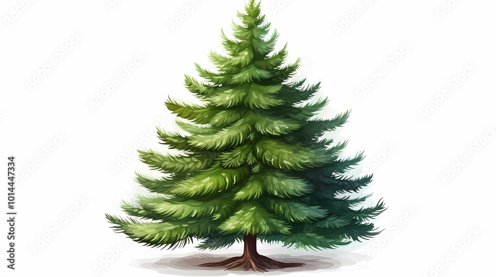 A lush evergreen pine tree illustration with detailed green foliage on a white background. A lush evergreen pine tree illustration with detailed green foliage on a white background.