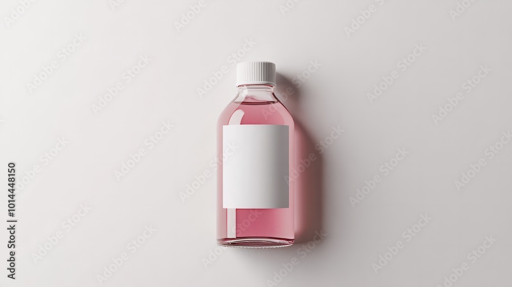 Pink Liquid Bottle Mockup: A minimalist and modern mockup of a pink liquid bottle with a blank white label, perfect for showcasing your brand or product. Minimalist, modern, mockup, branding, product.