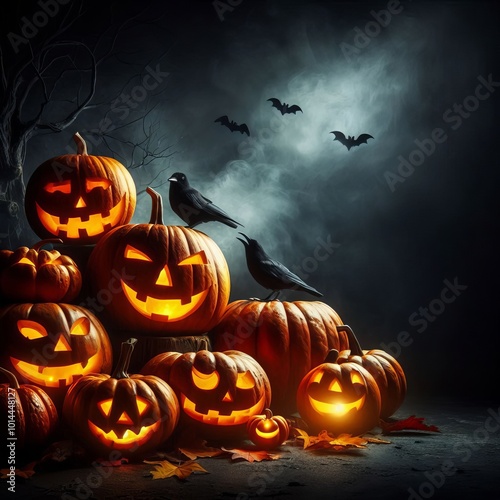 Halloween background with pumpkins and haunted house - 3D render. Halloween background with Evil Pumpkin. Spooky scary dark Night forrest. Holiday event halloween banner background concept
