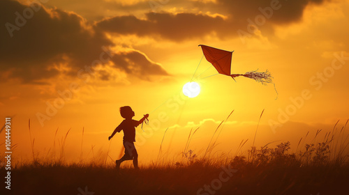 Silhouette Happy little boy with a kite running on mountain