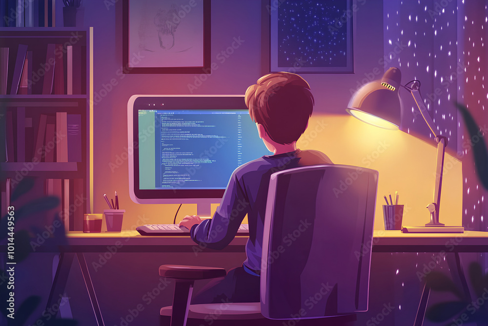Home Education Concept. A boy learning with computer at home illustration Home Education Concept. A boy learning with computer at home illustration