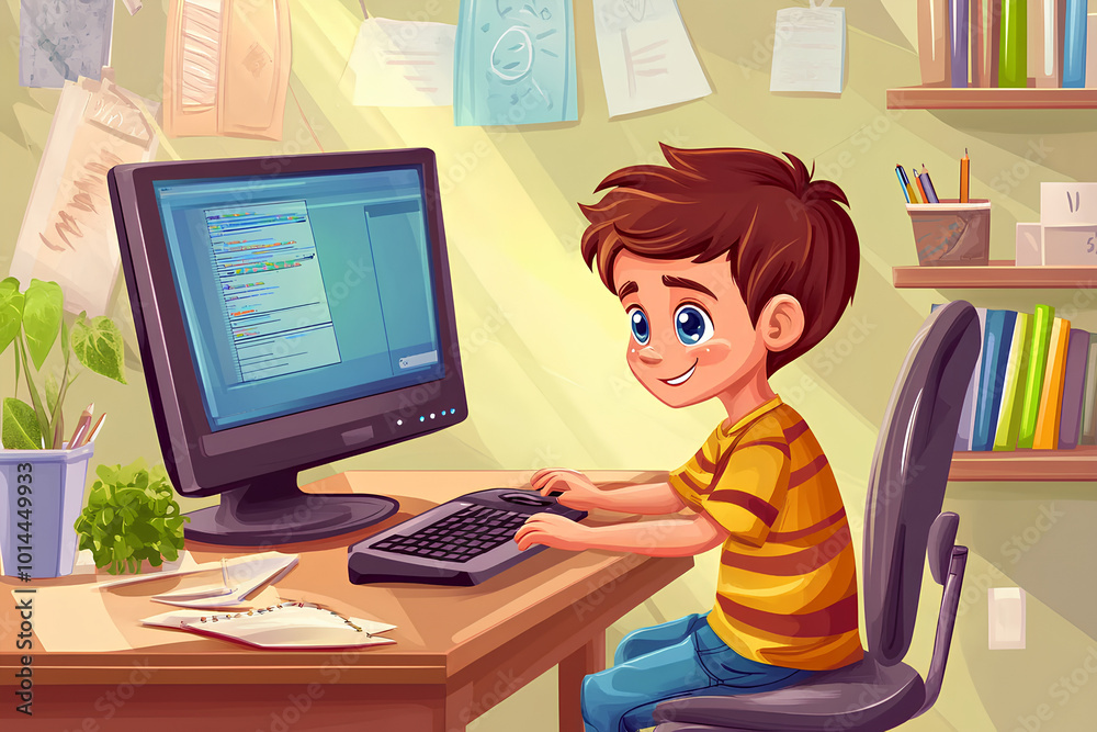 Home Education Concept. A boy learning with computer at home illustration Home Education Concept. A boy learning with computer at home illustration