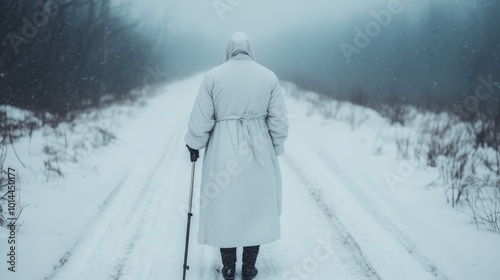 A solitary figure dressed in white calmly walks down a snow-covered path in a misty winter forest, capturing a sense of isolation and tranquility. photo