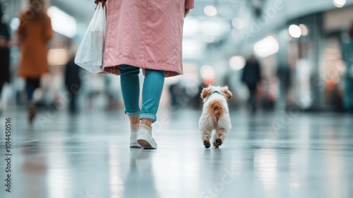 A woman walks with her small dog in tow through a lively indoor shopping mall, capturing a moment of shared enjoyment and exploration in a bustling environment. photo