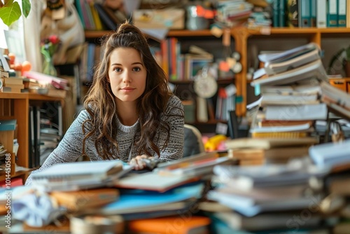 Middle-aged Woman of Caucasian Descent Tidying Up Her Cluttered Home Desk photo