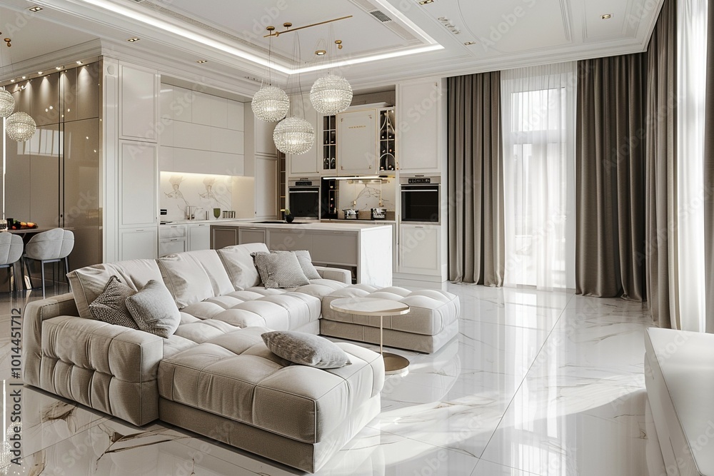 Luxurious Modern Living Room with Open Kitchen Luxurious Modern Living Room with Open Kitchen