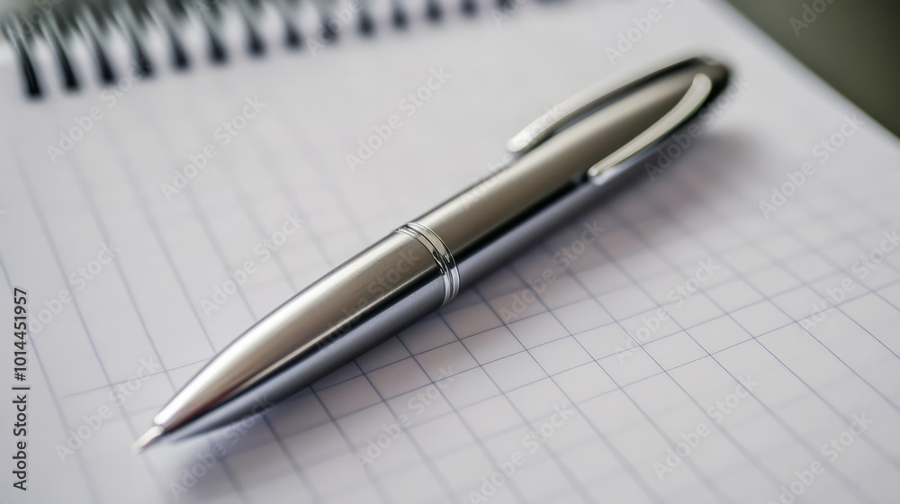 A sleek silver pen lying on an unmarked white notebook, creating a professional atmosphere for office supplies A sleek silver pen lying on an unmarked white notebook, creating a professional atmosphere for office supplies