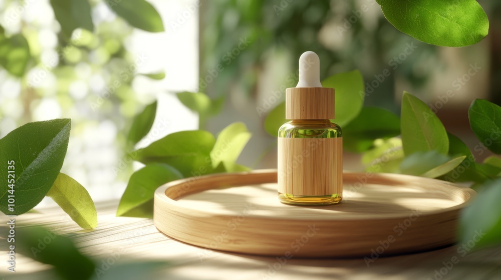 A beautifully crafted wooden dropper bottle on a wooden tray, encircled by green leaves, blurred background creating a calming effect with clear window light A beautifully crafted wooden dropper bottle on a wooden tray, encircled by green leaves, blurred background creating a calming effect with clear window light