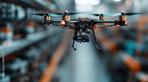 A sleek, modern drone hovers in the aisle of an industrial warehouse, showcasing its advanced technology and potential for automation in logistic environments.