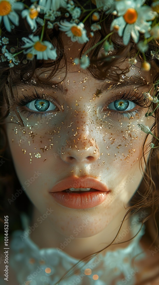Enchanted Beauty: A Portrait of a Woman with Daisies and Gold Glitter Enchanted Beauty: A Portrait of a Woman with Daisies and Gold Glitter