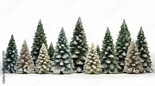 row of lush, green pine trees on a white background.
