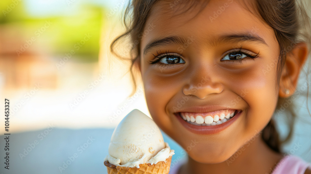 Close-Up of a Smiling Hispanic Girl Enjoying an Ice Cream Cone Outdoors, Capturing Her Playful and Joyful Expression Close-Up of a Smiling Hispanic Girl Enjoying an Ice Cream Cone Outdoors, Capturing Her Playful and Joyful Expression