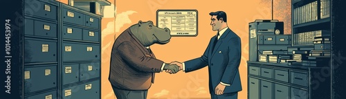 Hippo shaking hands with a businessman, both in retro 60s attire, set in an old-school bank office with filing cabinets and rotary phones photo