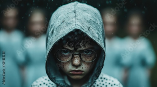 A young child wearing a rain-drenched hooded jacket, gazes intensely at the camera, while standing in front of blurred figures in similar attire. photo