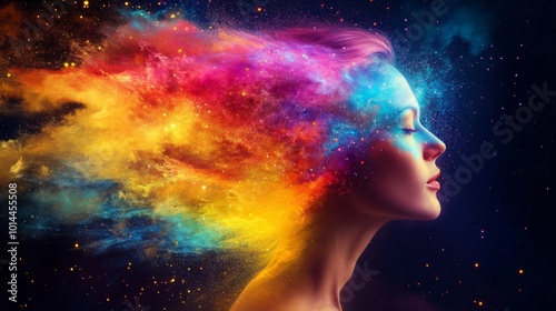 Cosmic Dreams, a vibrant depiction of a womans profile with colorful cosmic elements resembling a flowing nebula, symbolizing creativity and imagination.