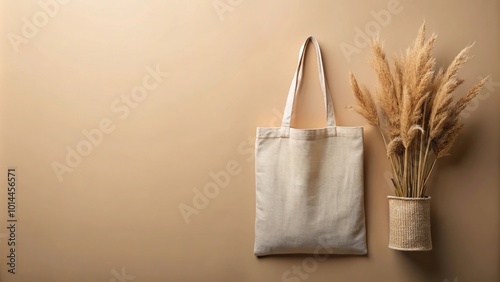 boho chic eco bag mockup on beige linen background photo