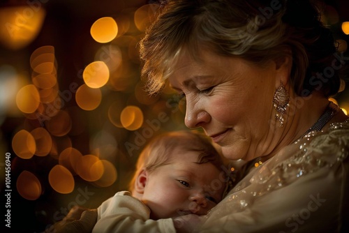 Middle-aged Caucasian woman providing comfort to a baby in a home setting photo