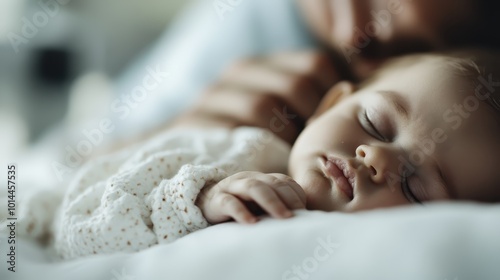 A serene image of a mother cradling her peacefully sleeping infant, embodying the deep tenderness and nurturing presence of the maternal bond and love. photo