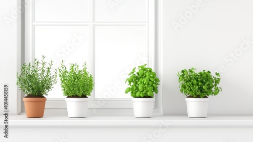 A serene window sill displays a variety of vibrant green potted herbs, creating a fresh and inviting atmosphere.