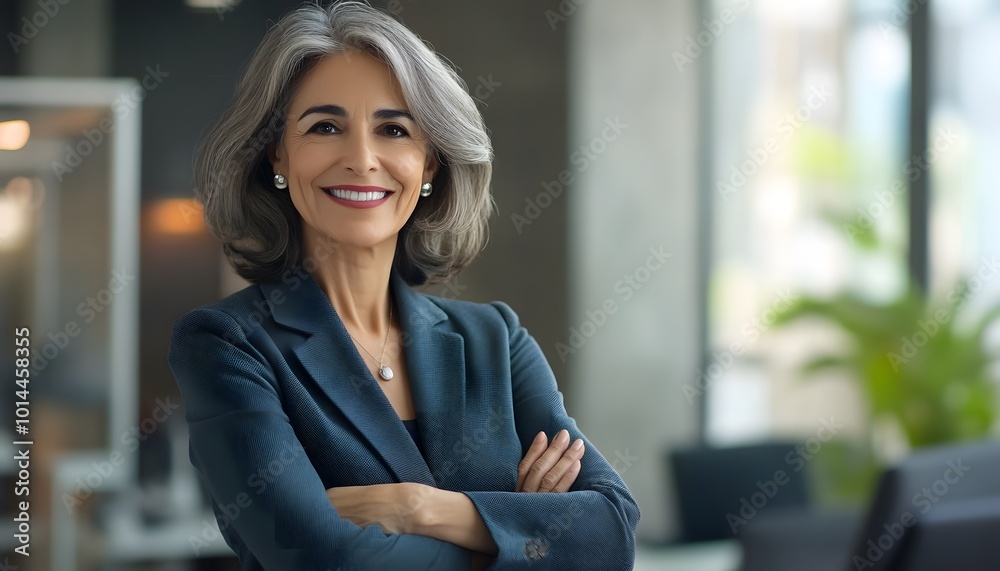 Confident Woman in Blue Suit with Arms Crossed Confident Woman in Blue Suit with Arms Crossed