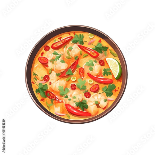 Shrimp, tomatoes, lime, chili, cilantro, red curry, pan. Fresh ingredients for cooking Moqueca cuisine. Recipe card, food blog post, kitchen decor. Generative AI