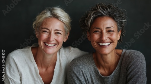 Two women, smiling broadly and sitting together inside a room, capture a friendly and warm atmosphere, demonstrating the bond of friendship and comfort.