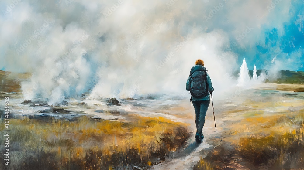 A Solitary Figure Walks Through Steam and Mist in a Geyser Field. A Solitary Figure Walks Through Steam and Mist in a Geyser Field.