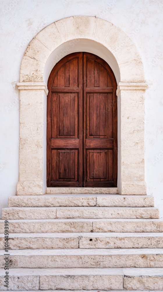 Rustic wooden door with stone archway on white wall, architectural detail Rustic wooden door with stone archway on white wall, architectural detail