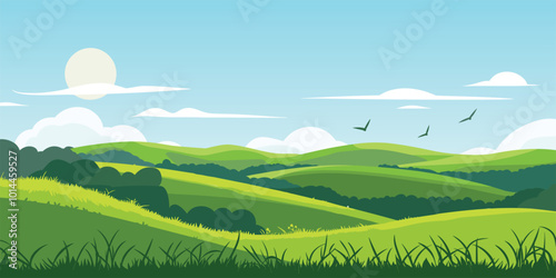 Serene Fields Vibrant Vector Illustration of a Lush Cartoon Meadow with Blue Skies and Rolling Hills